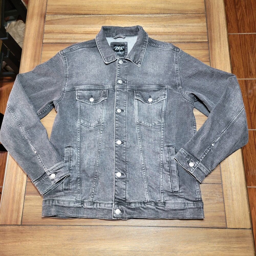 Zara Full Button Faded Black Denim Jacket - Size Large